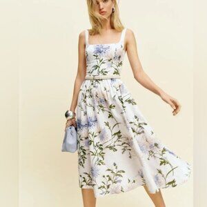 NEW Reformation Janu Midi Linen Dress Serenity White Blue Floral | US 0 / UK 4